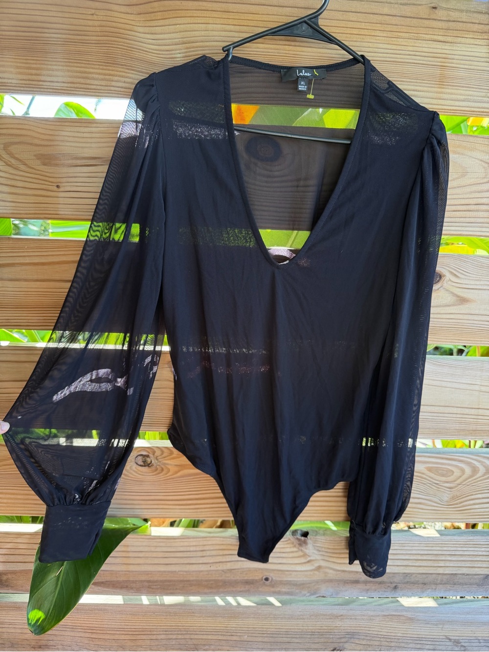 Lulu's Black Sheer Puff-Sleeve V-Neck Bodysuit